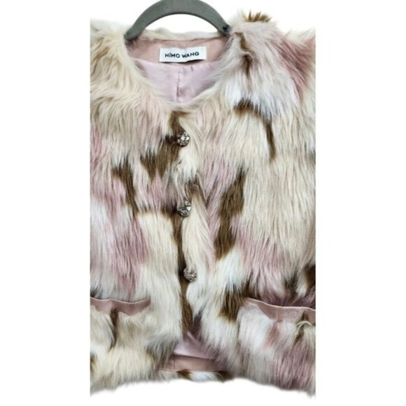 NIMO WANG Faux Fur Jacket Multicolor Pink Brown White |Boho Statement Outerwear - Picture 4 of 13